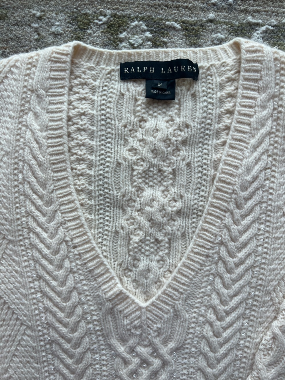 Ralph Lauren Cream Cable-Knit V-Neck Sweater - Picture 3 of 7
